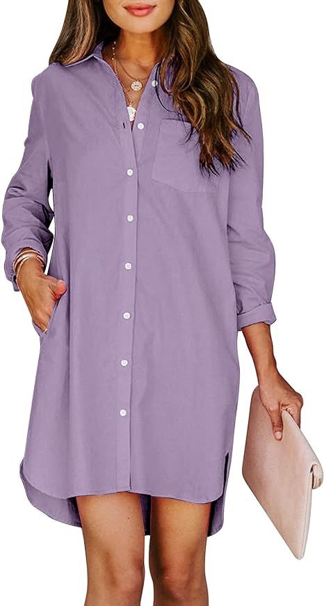 Women's button up shirt dress with pockets, cotton button up waist tied long sleeved solid color high and low shirt - Mammalook