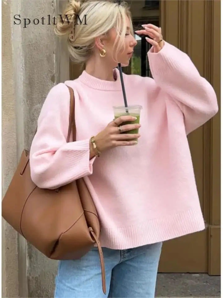 Round Neck Barbie Pink Loose Casual Pullover Sweater - Mammalook