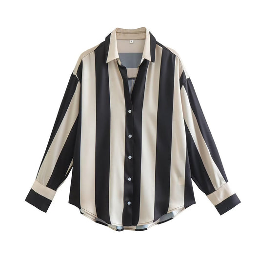 Autumn New Loose Slim Tricolor Vertical Stripe Splice Shirt Top Women - Mammalook