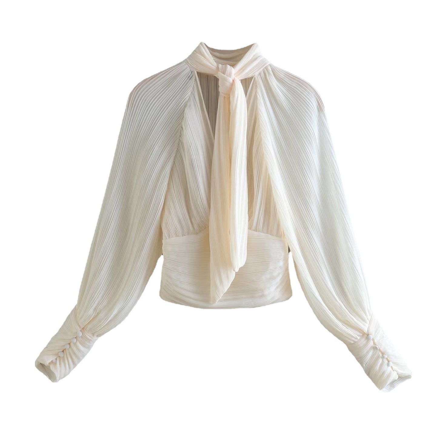 Autumn New Fashion Elegant Style Half High Neck Open Back Lace up Pleated Shirt Women - Mammalook