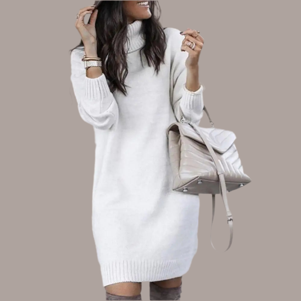 Women's Turtleneck Knitted Sweater Dress – Loose Fit Knee-Length Winter Pullover
