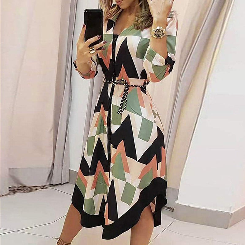 Mid length skirt printed plaid lapel tie up dress - Mammalook
