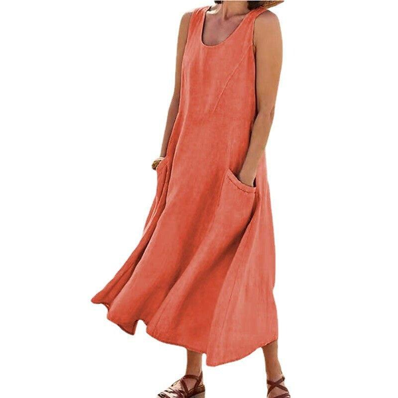 Pocket sleeveless round neck women's cotton and linen dress - Mammalook