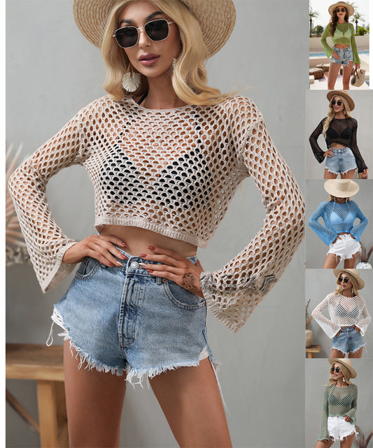 Knitted shirt, flared sleeves, loose trade round neck, hollowed out sweater for women - Mammalook