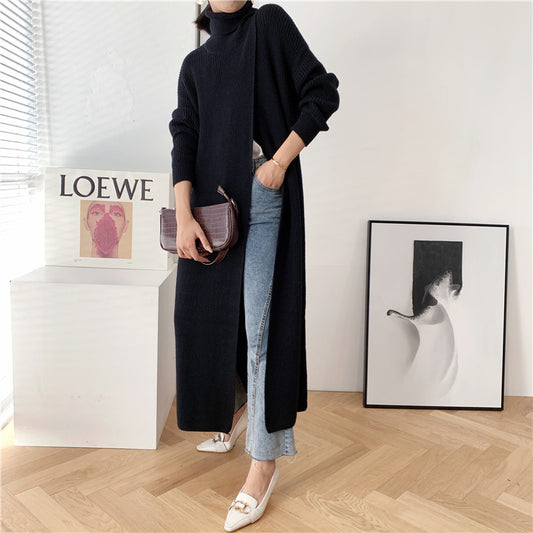 Slit Long Knitting Dress Women Big Size New Turtleneck Long Sleeve Loose Fit Fashion Tide Spring Autumn - Mammalook