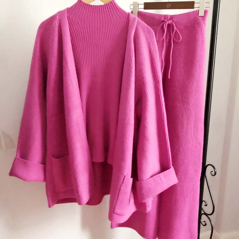 Thickened Sweater Coat – Women's New Knitting Cardigan + Wide Leg Pants Three-Piece Leisure Celebrity Fashion Suit - Mammalook