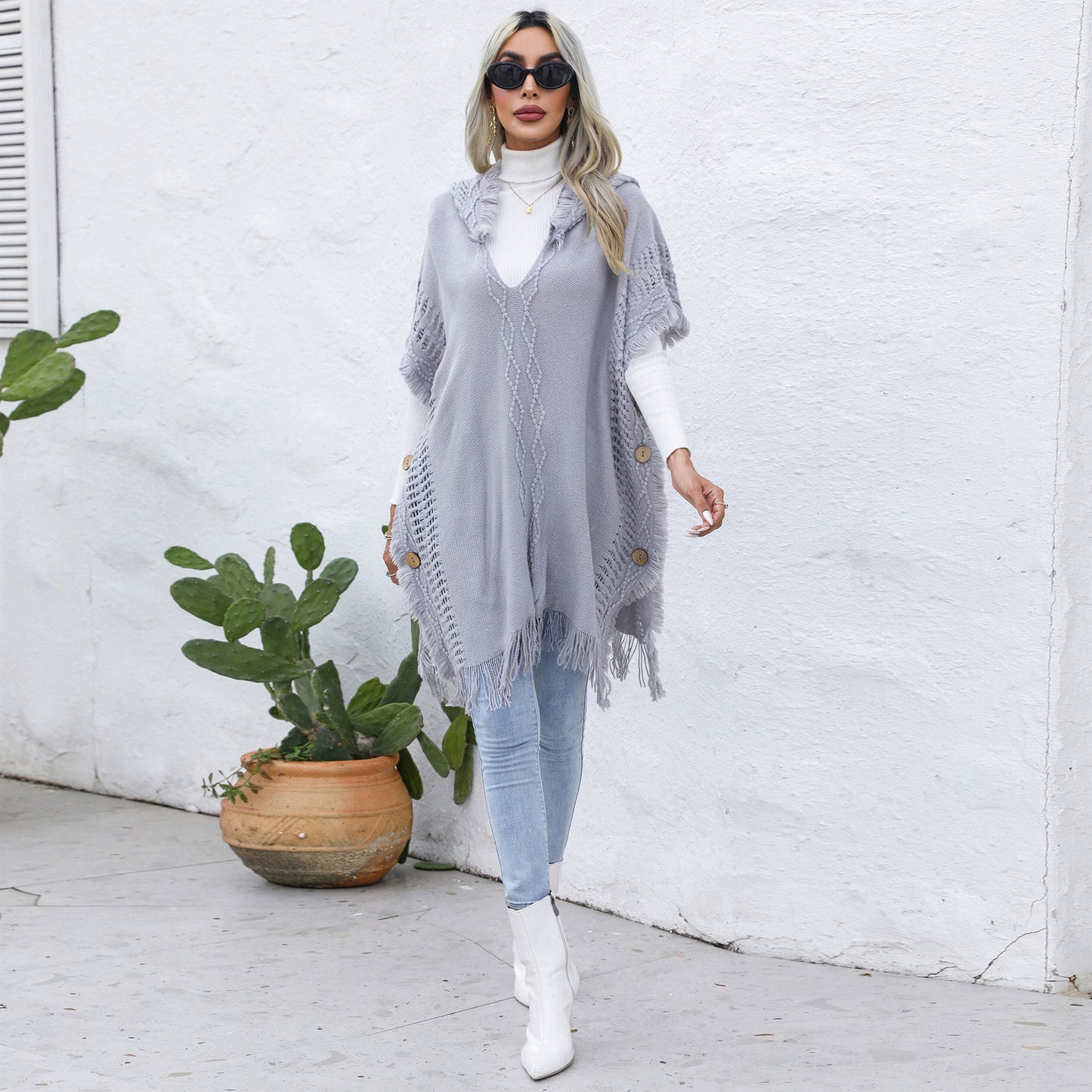 Women's casual loose V-necktie hat pullover medium length sweater vest cape top jacket - Mammalook