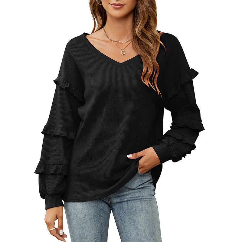 Top Autumn And Winter New Women's Waffle V-Neck Ruffled Lantern Sleeve Top - Mammalook