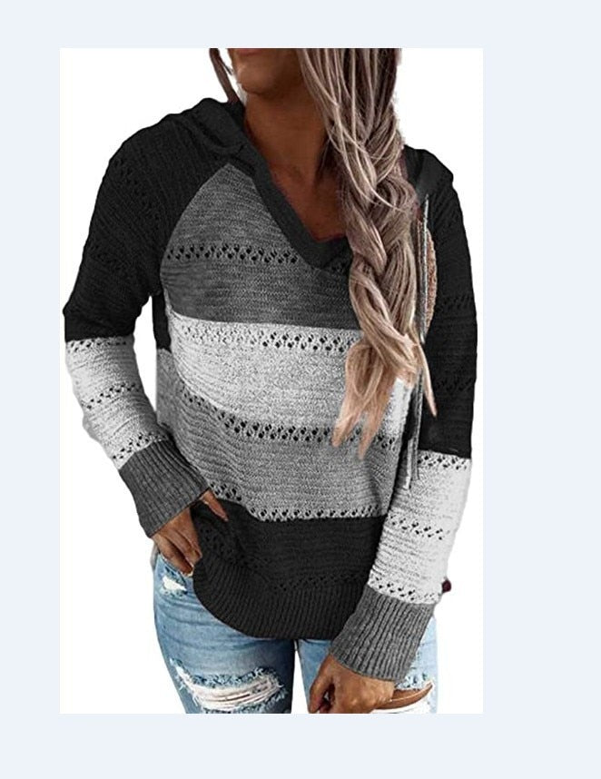 Autumn Winter Sweaters Women Hollow Long Sleeve Sweater Hoodie Tops V Neck Patchwork Casual Knitted Elegant Pullover Jumper - Mammalook
