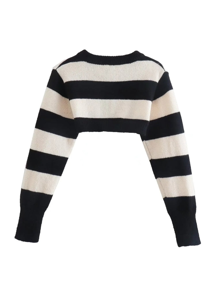 Women Black White Striped Knitted Sweater Summer Female Long Sleeve Pullover Casual Lady Crop Tops - Mammalook
