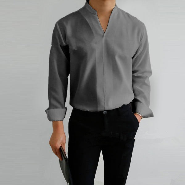 Shirt Men's Standing Collar Solid Color Fit Men's Shirt All Seasons - Mammalook