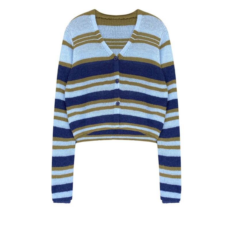 Blue Striped Thin Knitting Cardigan Sweater Loose Fit V-Neck Long Sleeve Women New Fashion Trend Autumn Winter - Mammalook