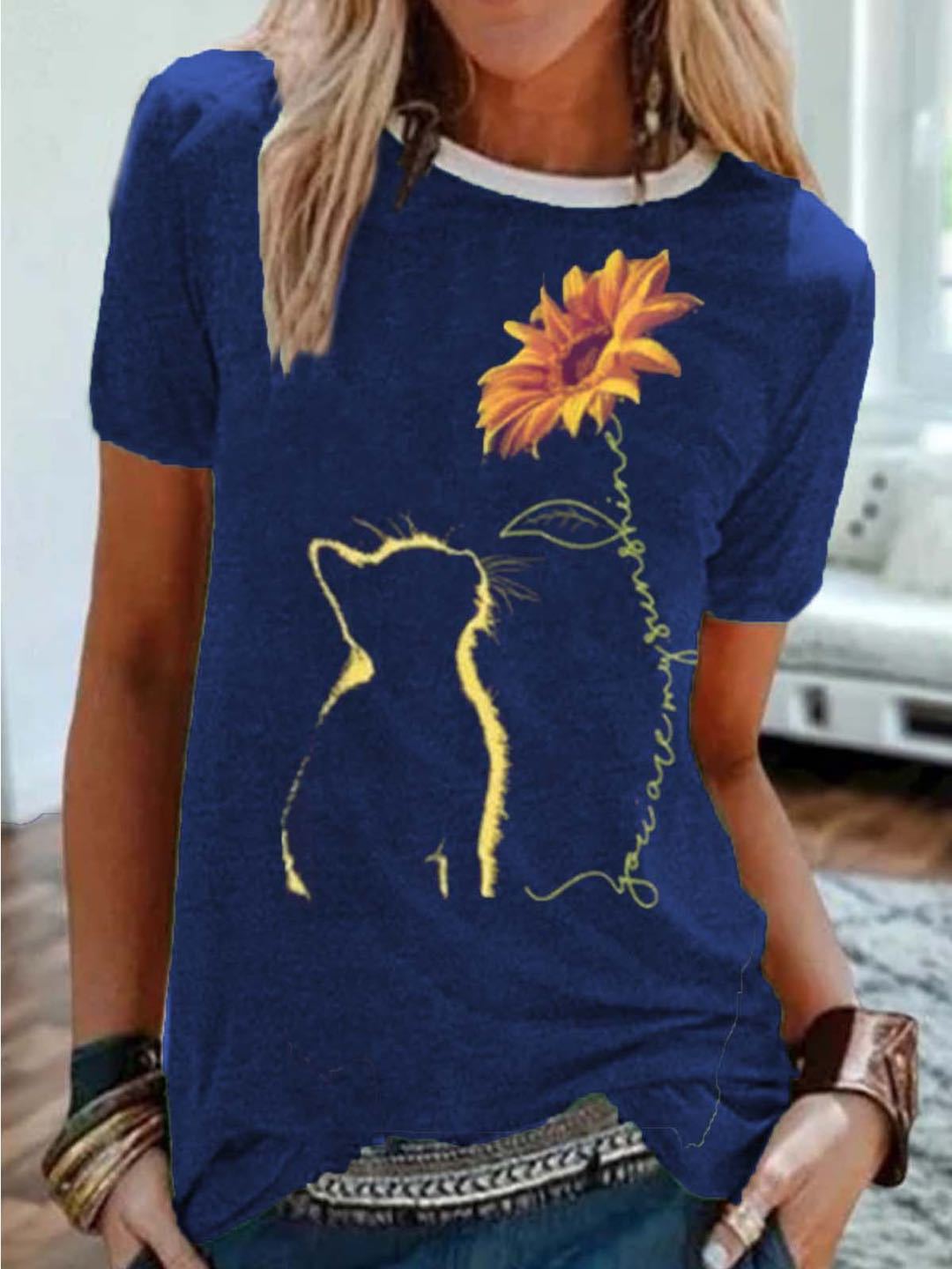 Cat Sunflower Print Short Sleeve T-Shirt Women
