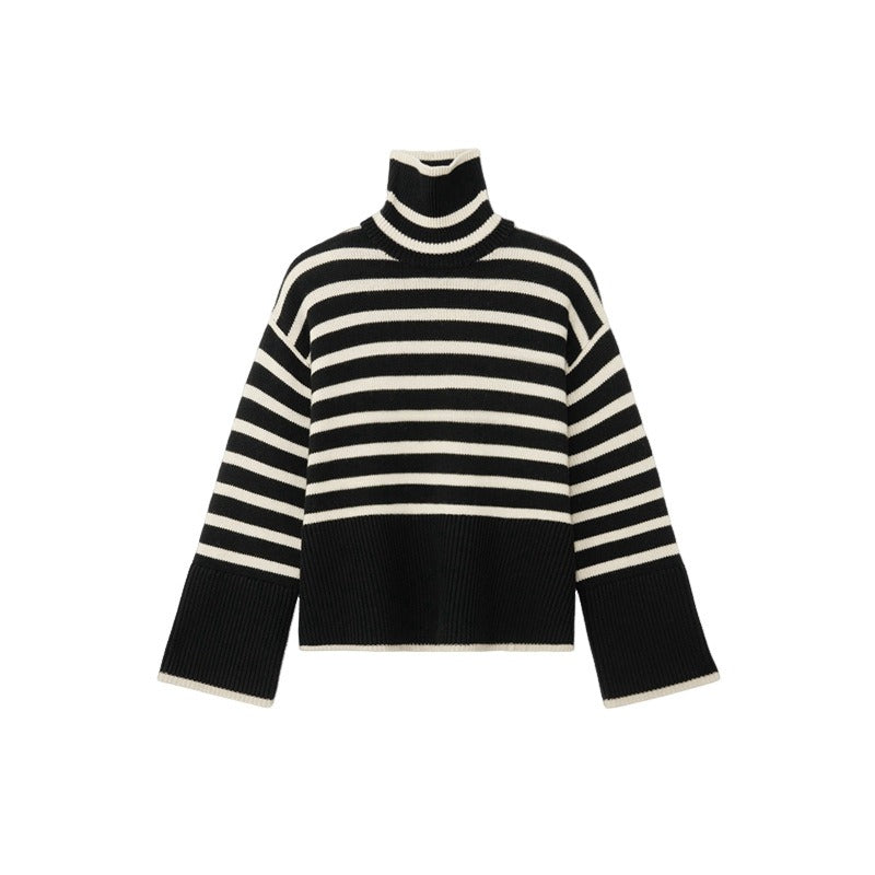 Versatile Knitting Turtleneck Striped Pullover Sweater For Women Long Sleeve Female Simplicity Clothing - Mammalook