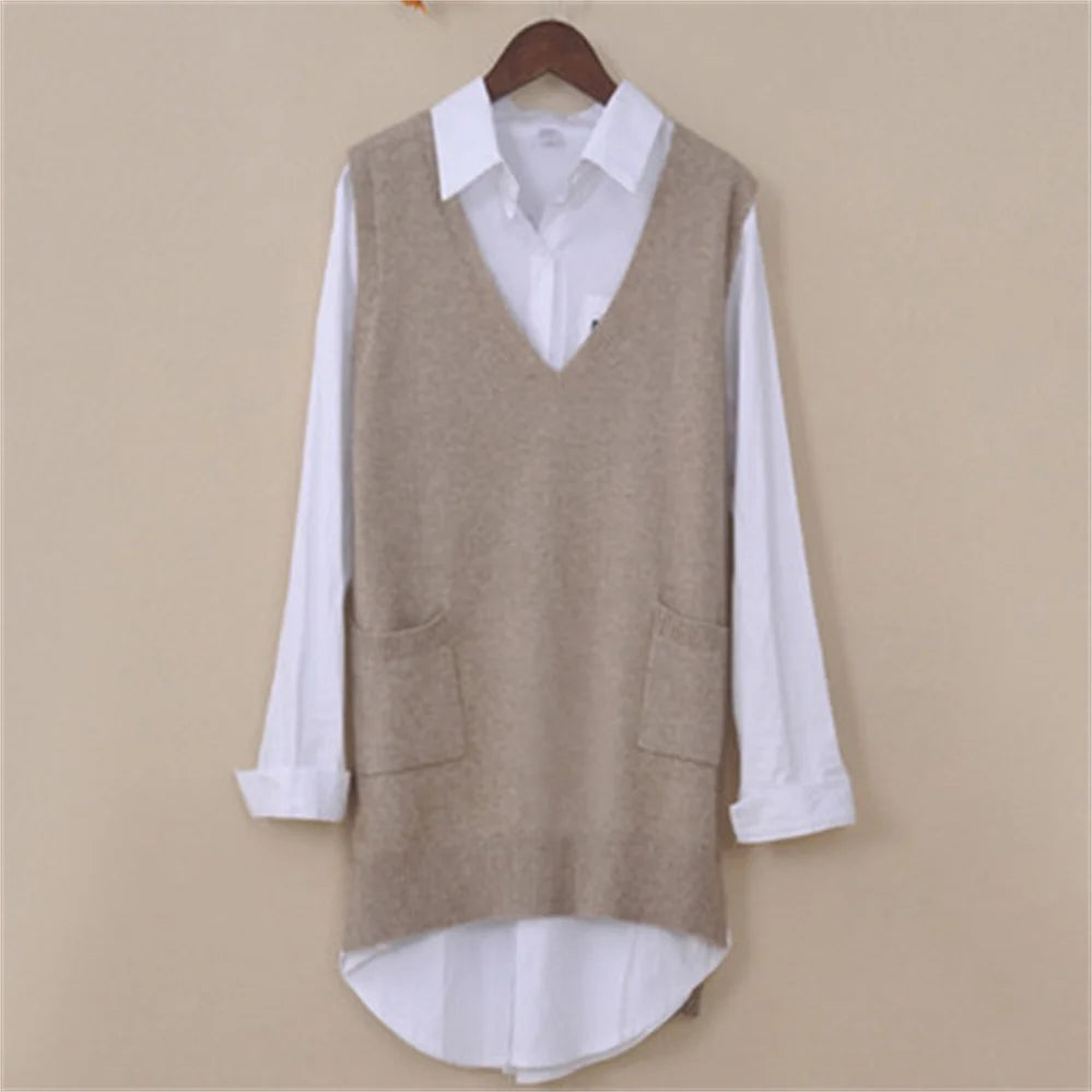 Women’s Long Knitted Vest: V-Neck Solid Sleeveless Pullover with Pockets