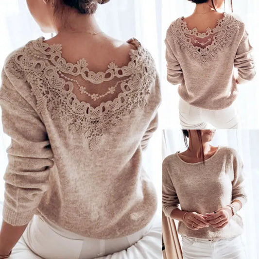 Women's Sweaters Winter Pullover Elegant Lace Backless Long Sleeve Jumper Top Knitted Sweater Female Ladies Women's Clothes - Mammalook