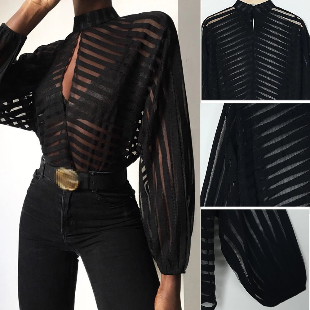Sheer Mesh Long Sleeve Top – Black Hollow Front Blouse