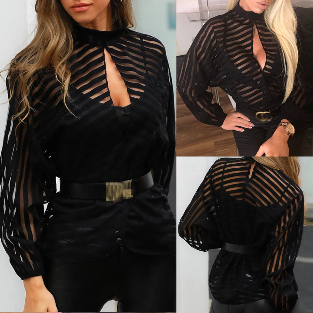 Sheer Mesh Long Sleeve Top – Black Hollow Front Blouse