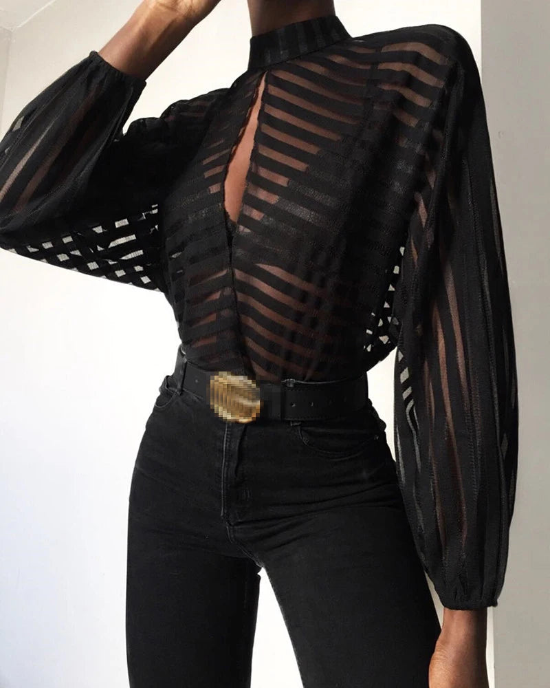 Sheer Mesh Long Sleeve Top – Black Hollow Front Blouse