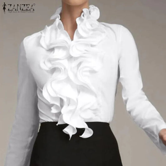 S ZANZEA Ladies Chic Tunic Tops Spring Office Ruffles Shirts Women Long Sleeve Elegant Work Flounce Blouse Female Blusas - Mammalook