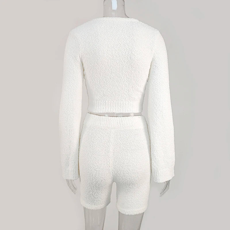 Casual Two Piece Sets Flare Sleeve Sweatshirts 2 Piece Shorts Set Sexy Fluffy Suits Lounge Set - Mammalook