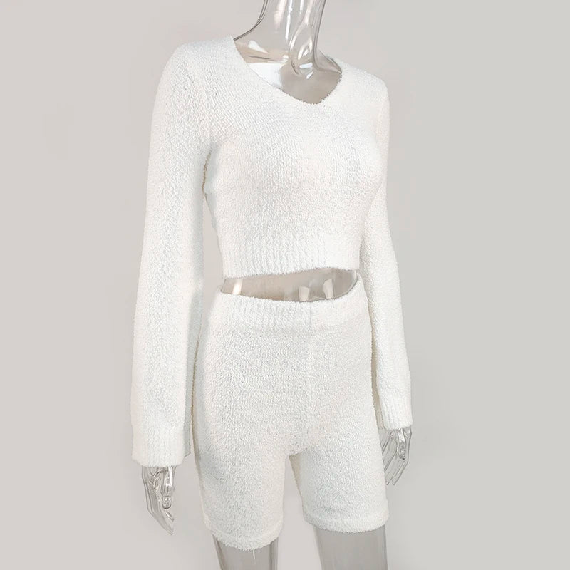 Casual Two Piece Sets Flare Sleeve Sweatshirts 2 Piece Shorts Set Sexy Fluffy Suits Lounge Set - Mammalook