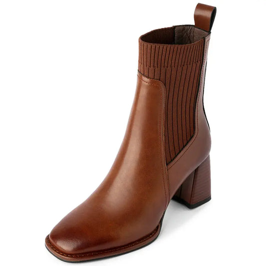 Women’s Genuine Leather Ankle Boots – Knitted High Heel Office Shoes