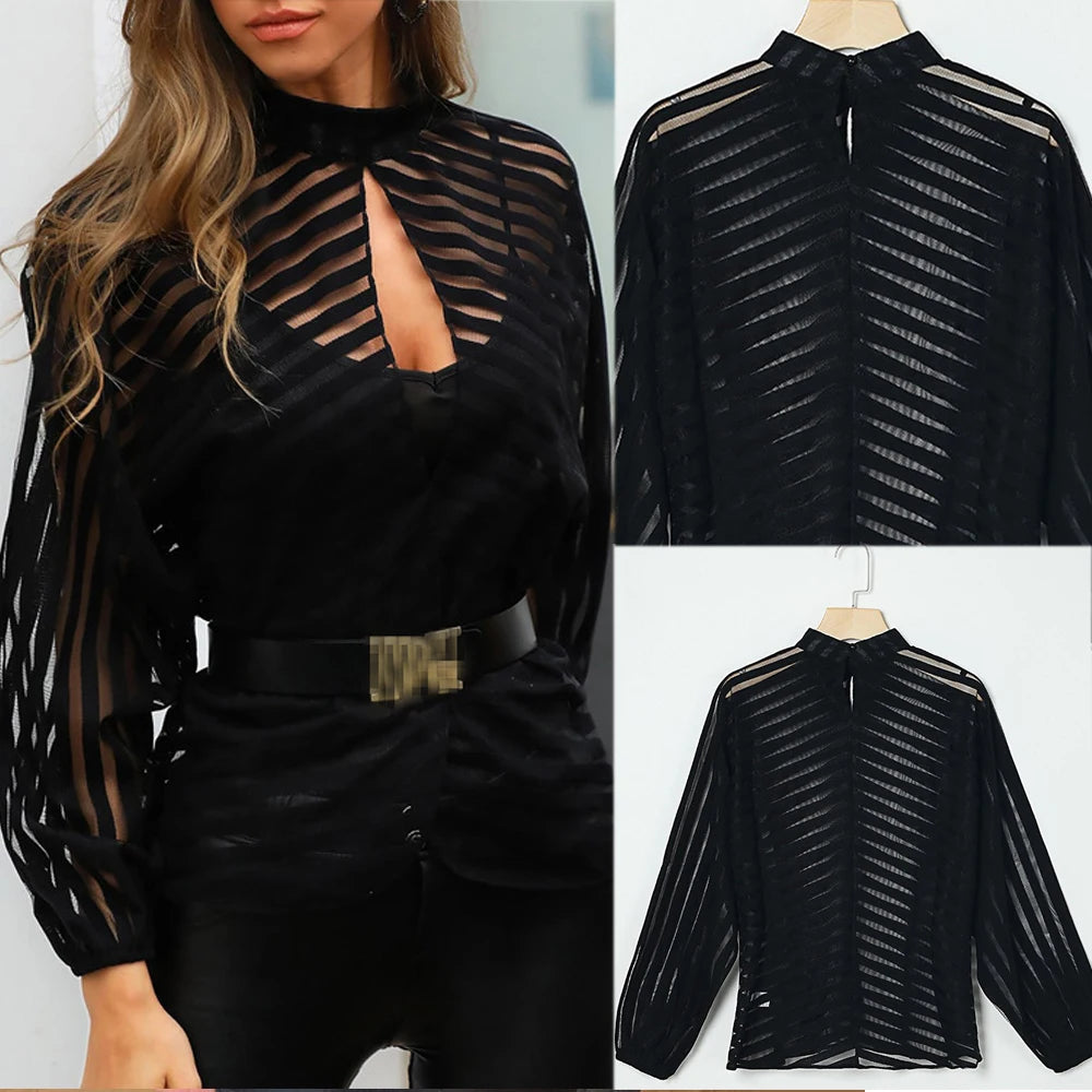 Sheer Mesh Long Sleeve Top – Black Hollow Front Blouse