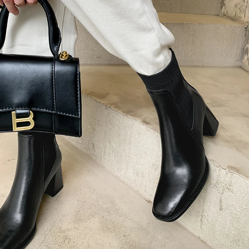 Women’s Genuine Leather Ankle Boots – Knitted High Heel Office Shoes