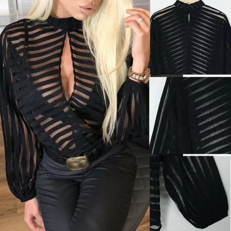 Sheer Mesh Long Sleeve Top – Black Hollow Front Blouse