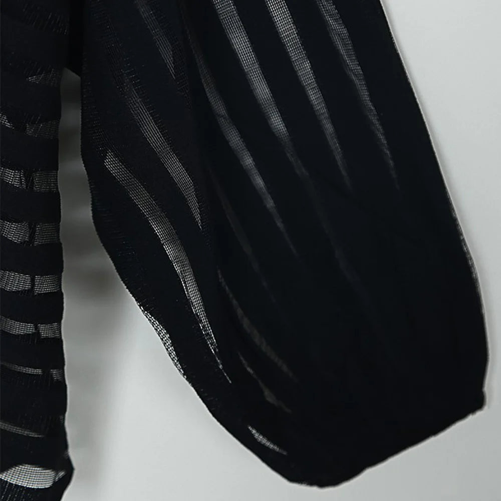 Sheer Mesh Long Sleeve Top – Black Hollow Front Blouse