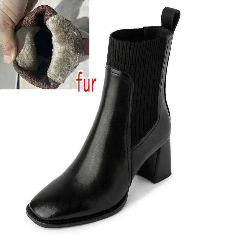 Women’s Genuine Leather Ankle Boots – Knitted High Heel Office Shoes