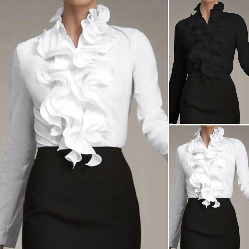 S ZANZEA Ladies Chic Tunic Tops Spring Office Ruffles Shirts Women Long Sleeve Elegant Work Flounce Blouse Female Blusas - Mammalook