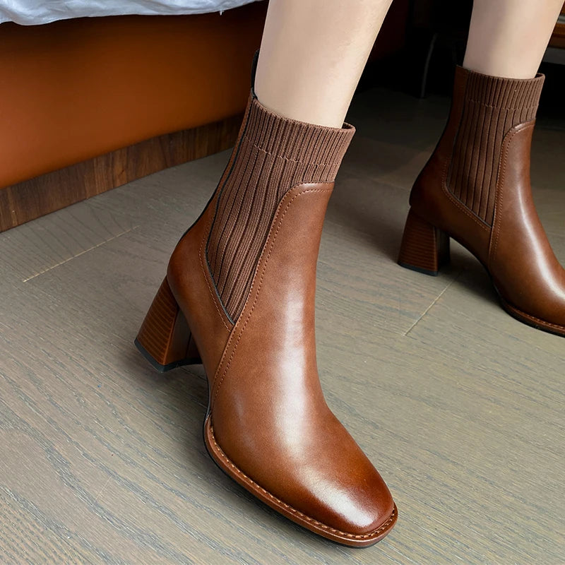 Women’s Genuine Leather Ankle Boots – Knitted High Heel Office Shoes