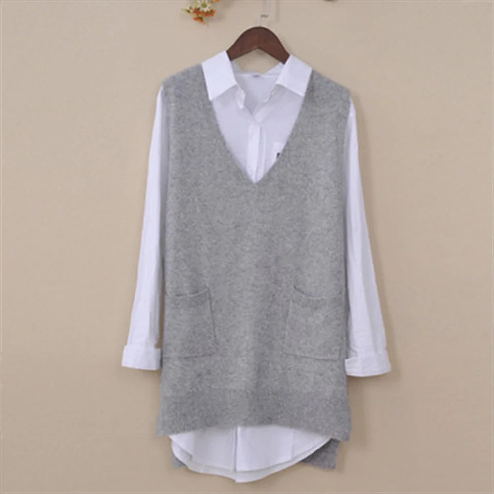 Women’s Long Knitted Vest: V-Neck Solid Sleeveless Pullover with Pockets
