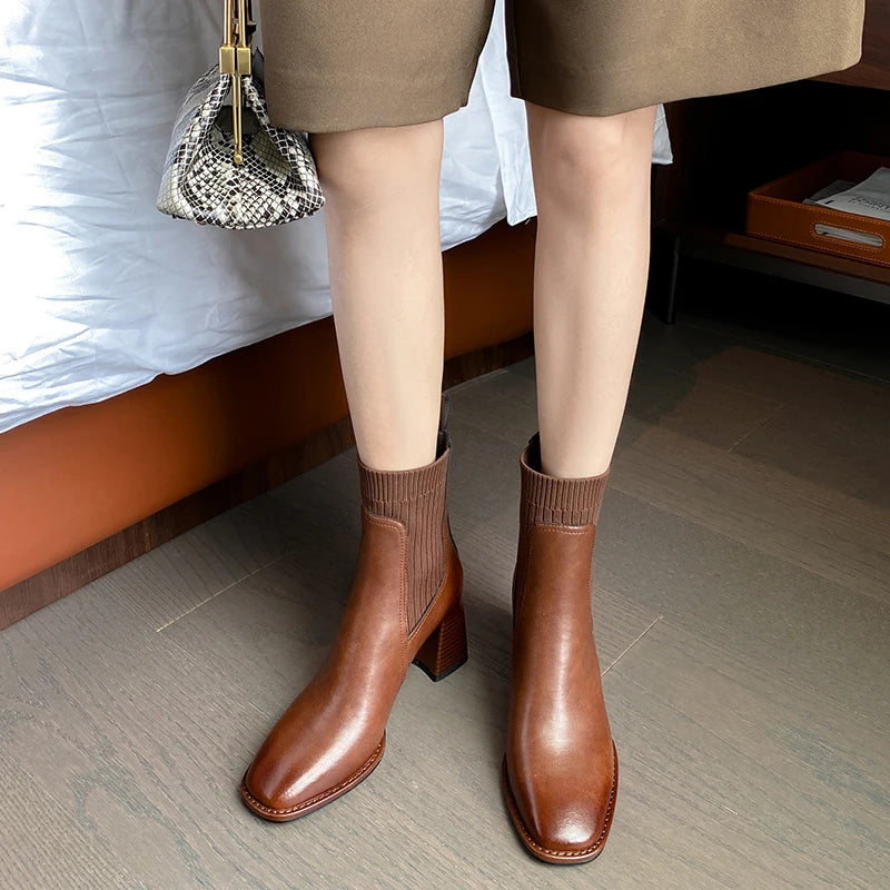 Women’s Genuine Leather Ankle Boots – Knitted High Heel Office Shoes
