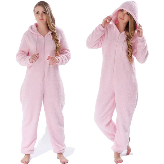 Winter Warm Pyjamas Women Onesies Fluffy Fleece Jumpsuits Sleepwear Overall Large Size Hood Sets Pajamas Onesie For Women - Mammalook