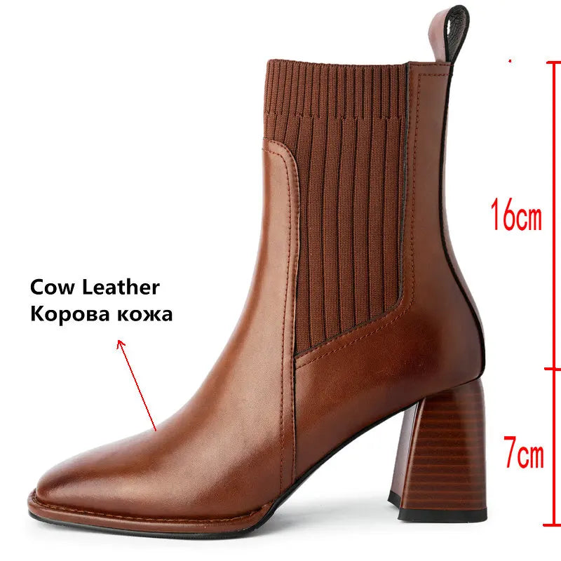 Women’s Genuine Leather Ankle Boots – Knitted High Heel Office Shoes