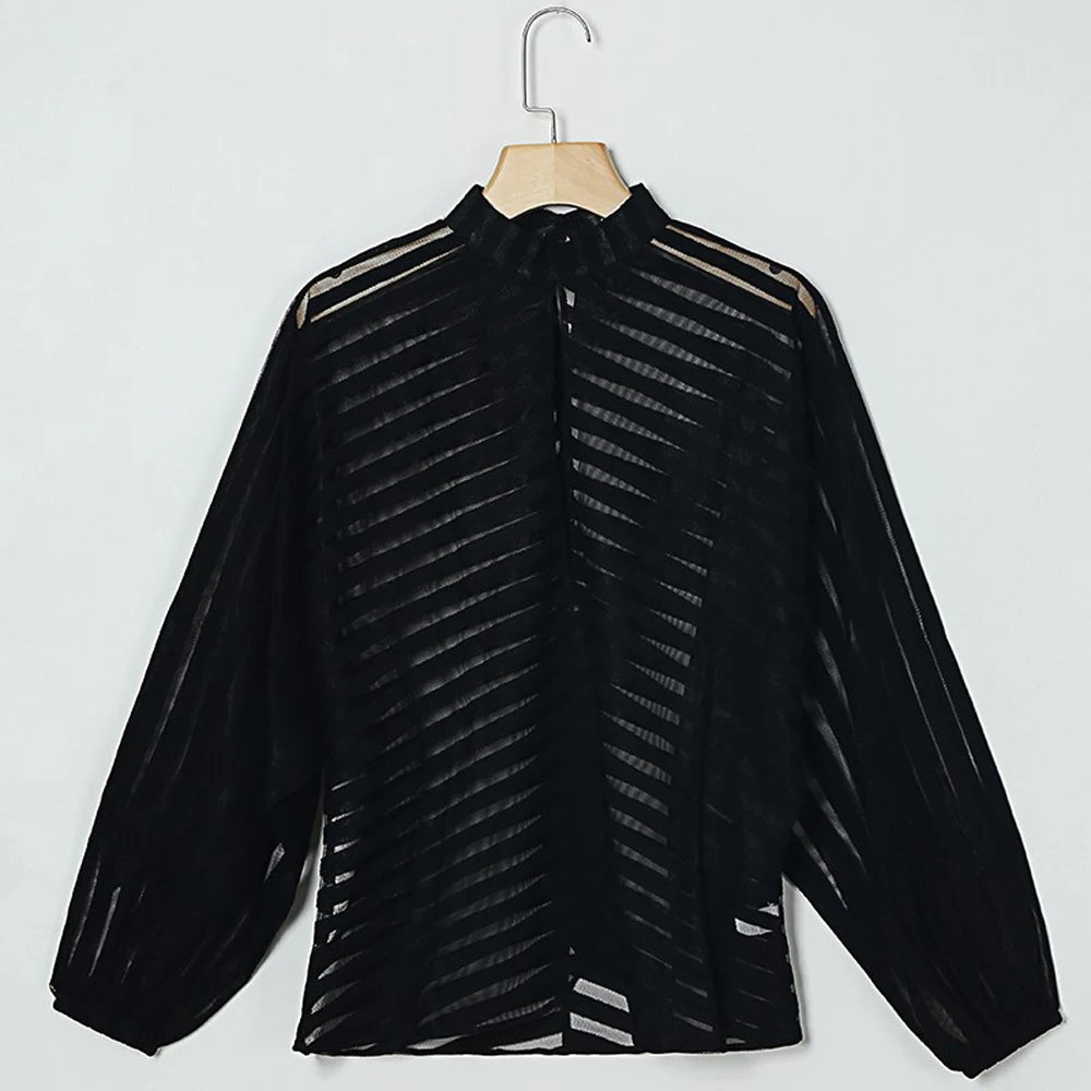 Sheer Mesh Long Sleeve Top – Black Hollow Front Blouse