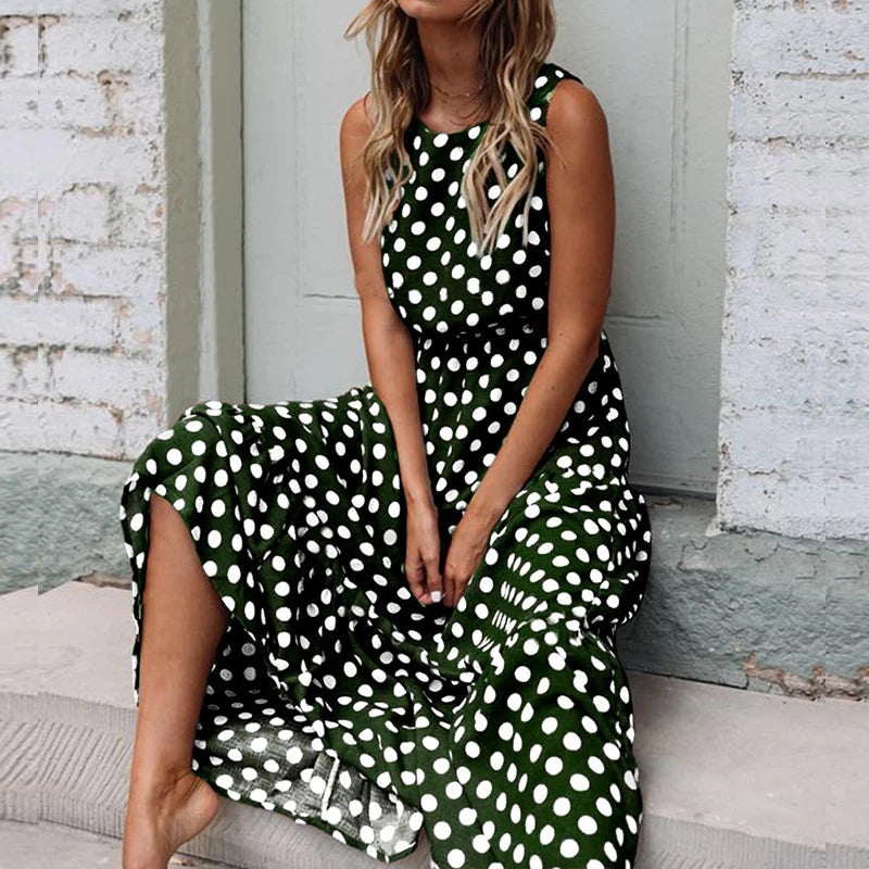Polka Dot Midi Dress – Sleeveless Boho A-Line Summer Style