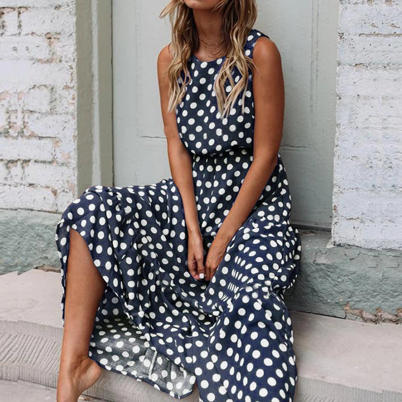 Polka Dot Midi Dress – Sleeveless Boho A-Line Summer Style