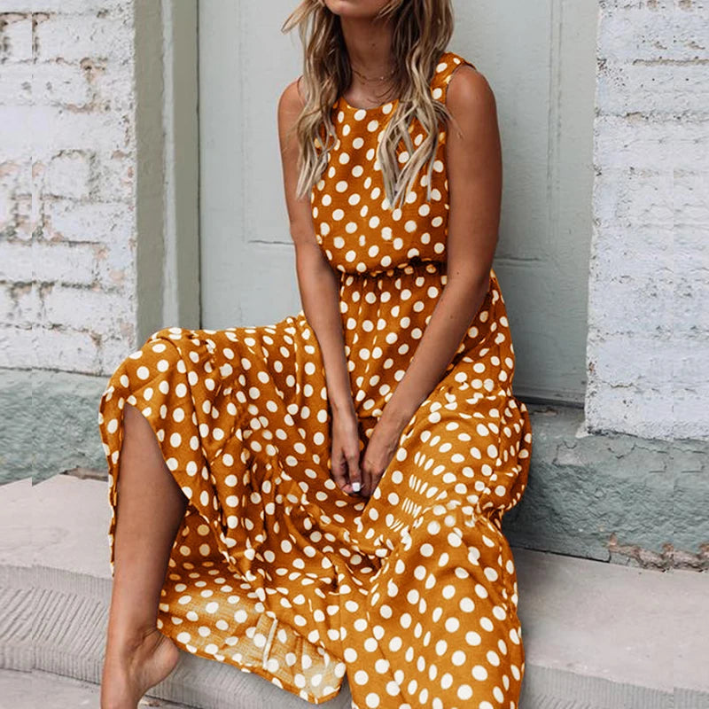Polka Dot Midi Dress – Sleeveless Boho A-Line Summer Style