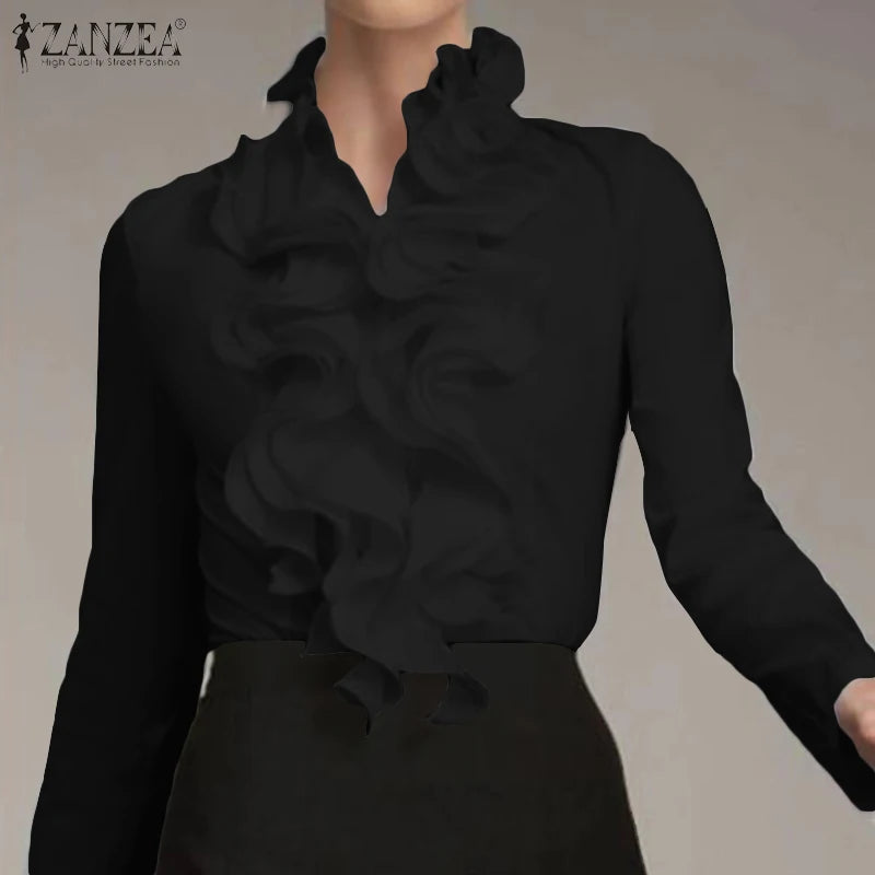 S ZANZEA Ladies Chic Tunic Tops Spring Office Ruffles Shirts Women Long Sleeve Elegant Work Flounce Blouse Female Blusas - Mammalook