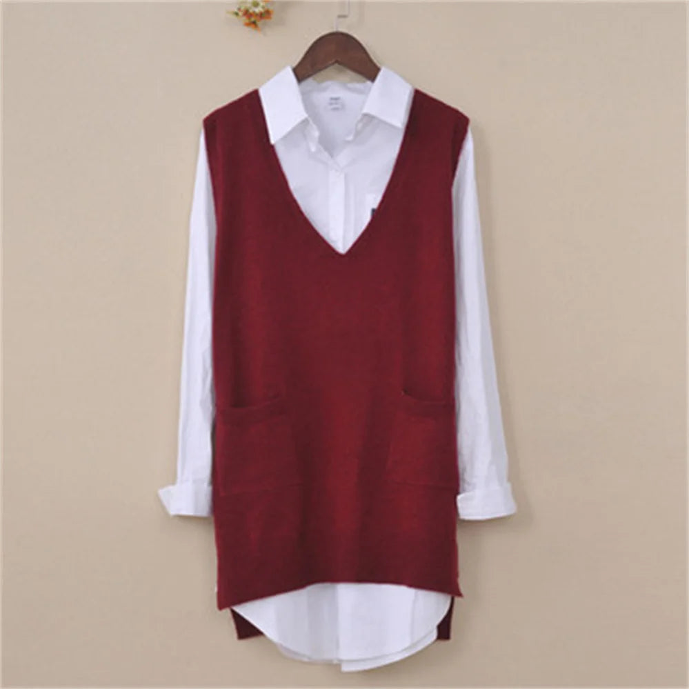 Women’s Long Knitted Vest: V-Neck Solid Sleeveless Pullover with Pockets