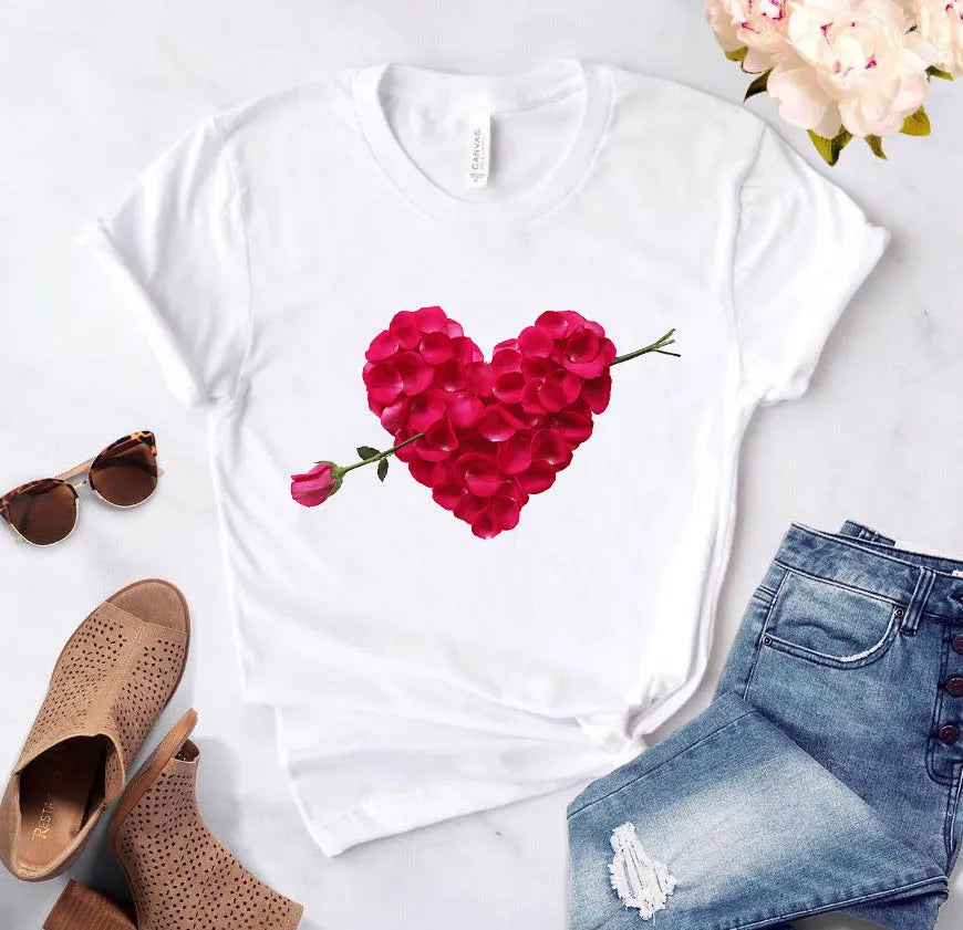 Heart flower print ladies T-shirt ladies casual basis O-collar white shirt short sleeve ladies T-shirt love graphic printing - Mammalook