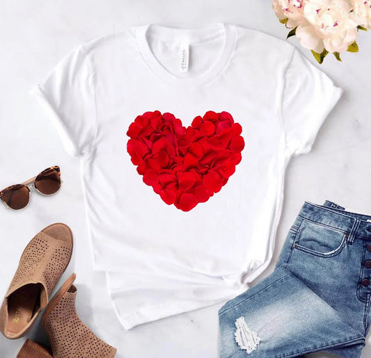 Heart flower print ladies T-shirt ladies casual basis O-collar white shirt short sleeve ladies T-shirt love graphic printing - Mammalook