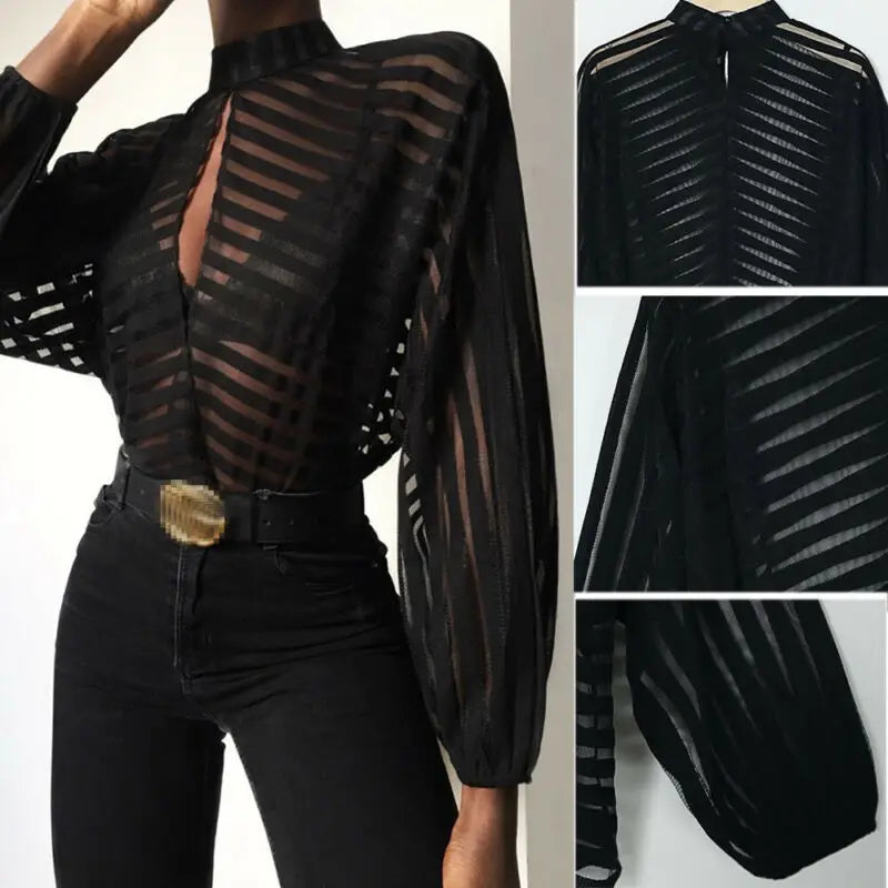 Sheer Mesh Long Sleeve Top – Black Hollow Front Blouse