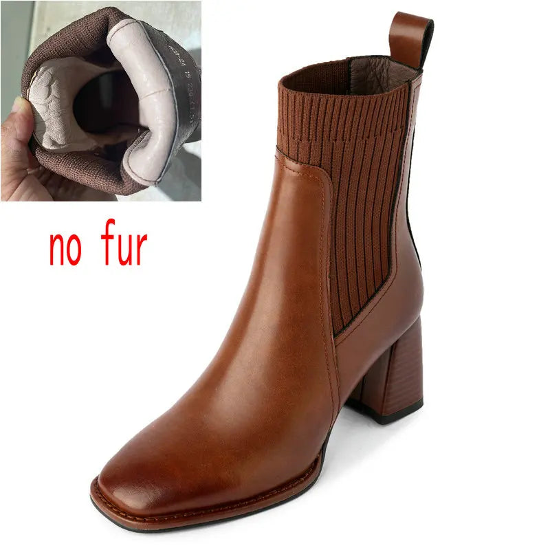 Women’s Genuine Leather Ankle Boots – Knitted High Heel Office Shoes