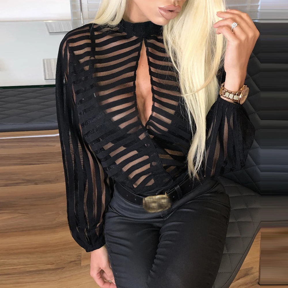 Sheer Mesh Long Sleeve Top – Black Hollow Front Blouse