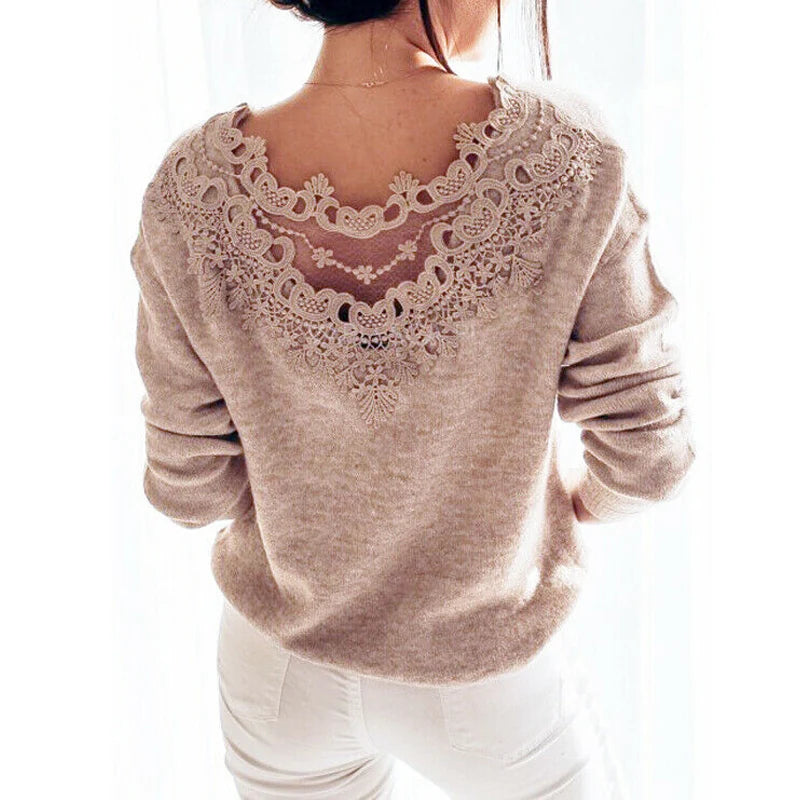 Women's Sweaters Winter Pullover Elegant Lace Backless Long Sleeve Jumper Top Knitted Sweater Female Ladies Women's Clothes - Mammalook